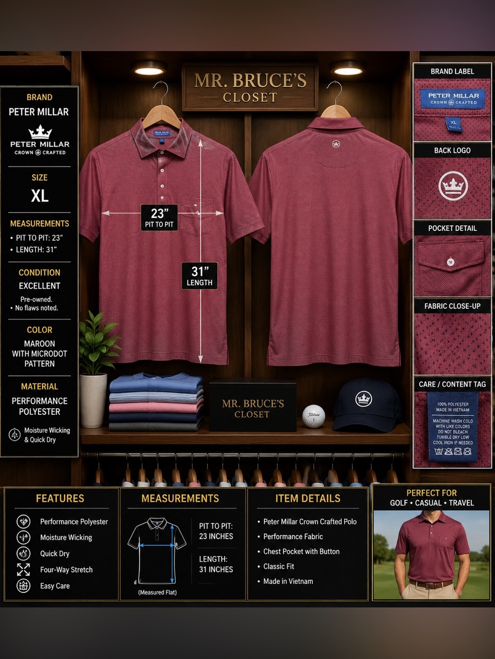 Peter Millar Maroon Microdot Performance Polo
